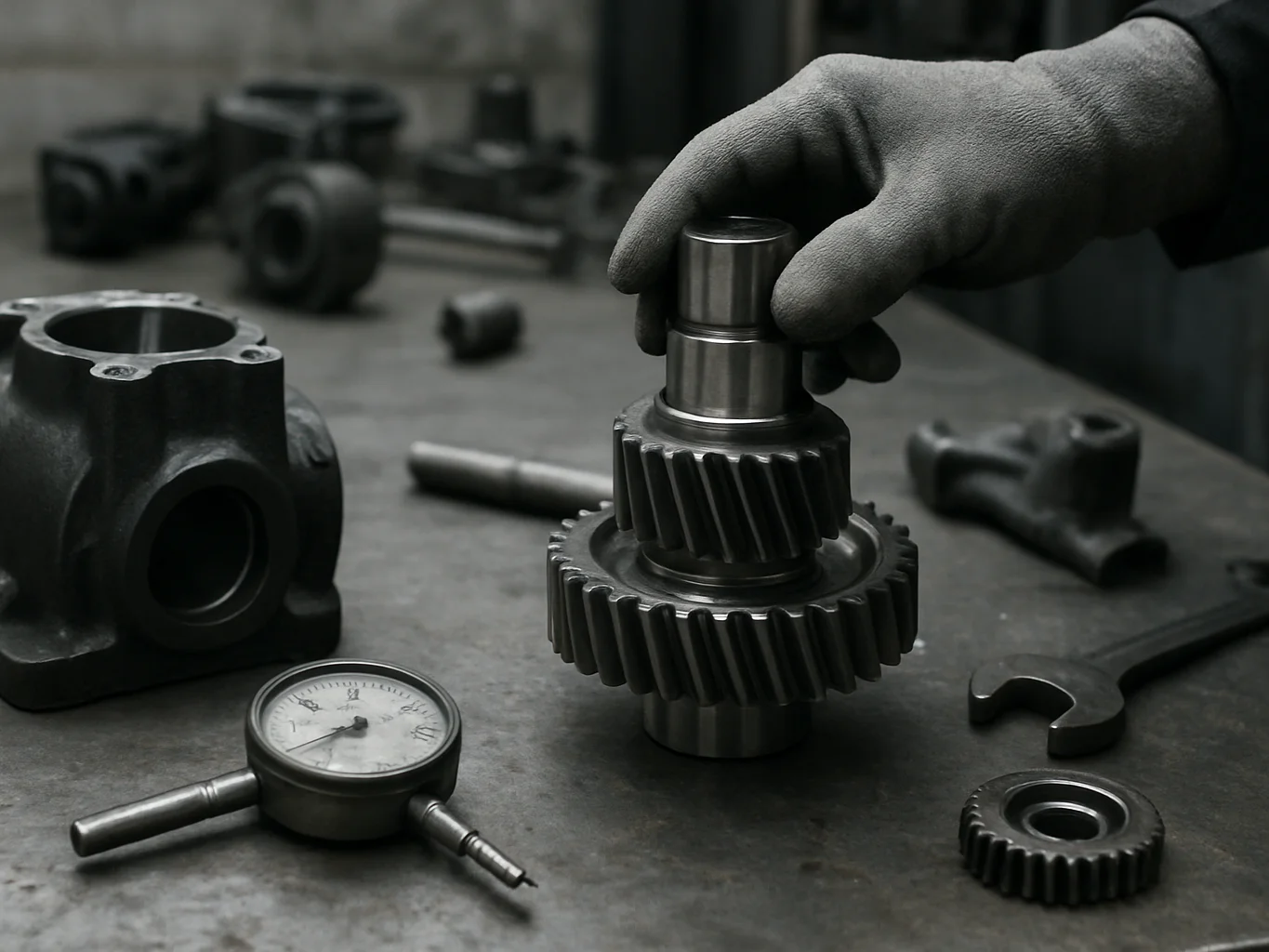 Documentary industrial photography of a close-up of machinery com