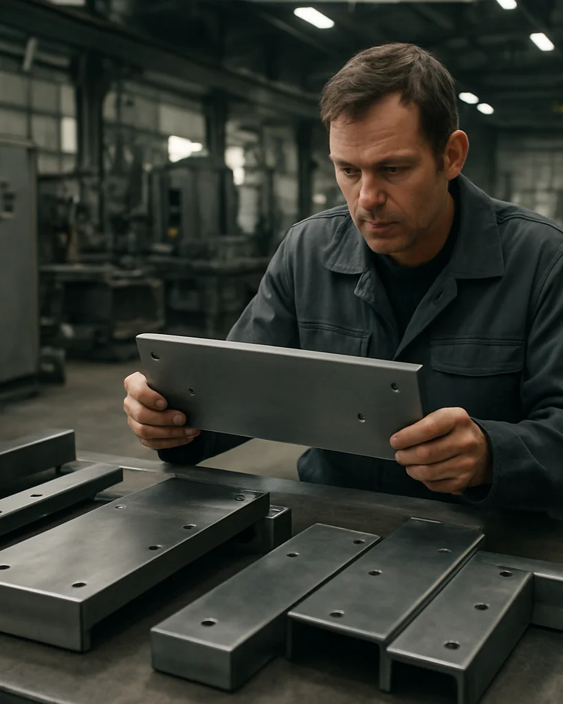 Documentary industrial photography of a technician inspecting fab