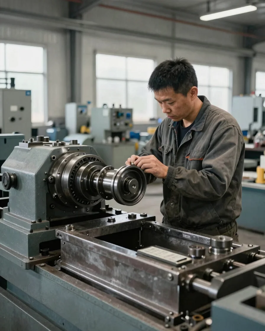 Documentary industrial photograph of a technician inspecting a steel machine component in a real workshop, neutral dayli