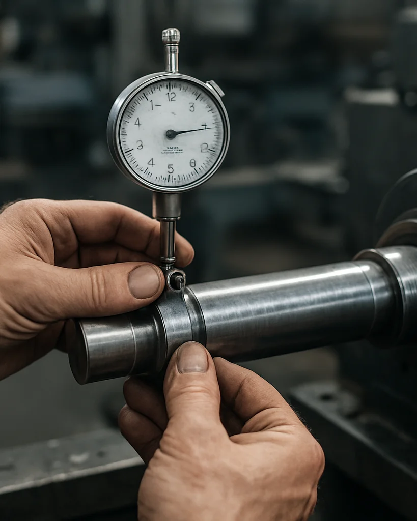 Close-up documentary photograph of hands measuring a machine shaft with a precision gauge in a steel-gray workshop, soft